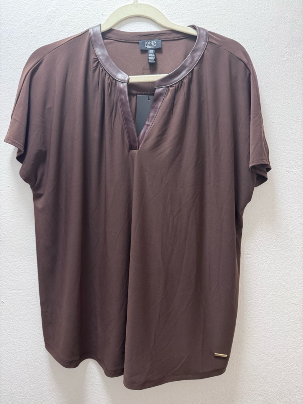 Jones New York Chocolate Brown Short-Sleeve Shirt with Faux-Leather Trim